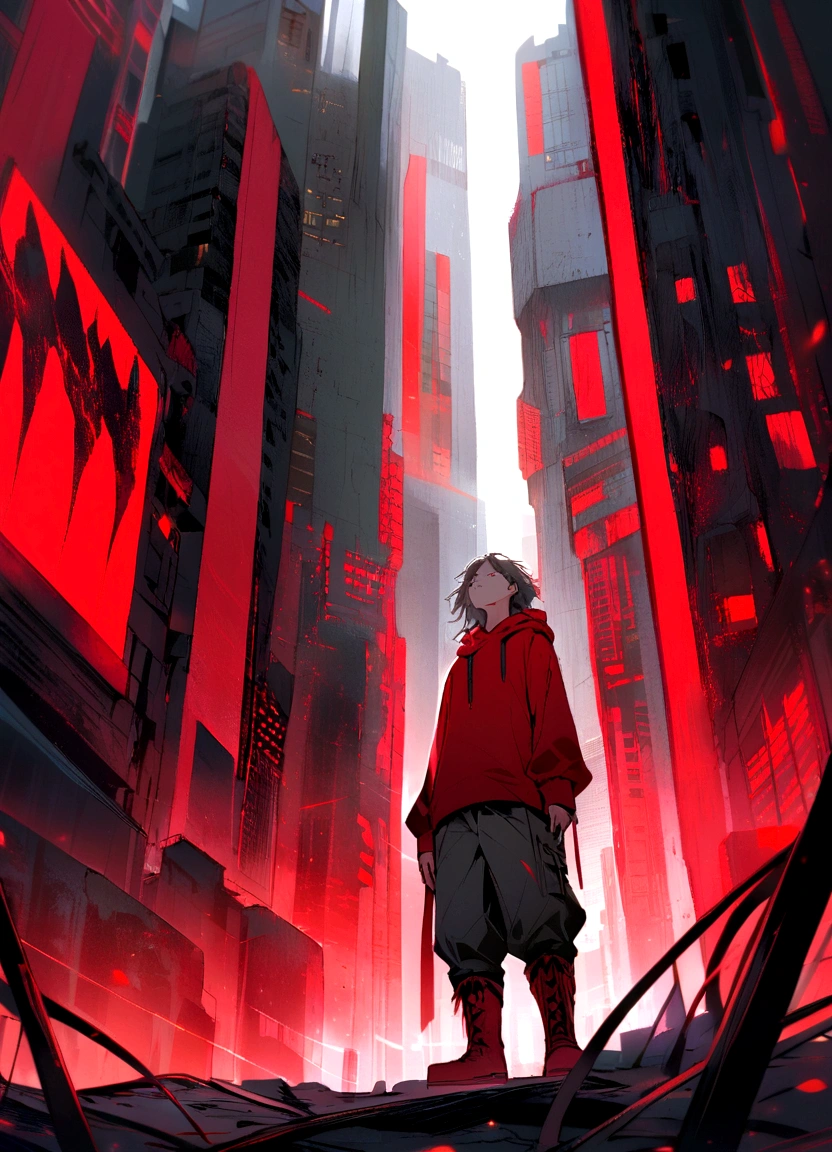 A digital artwork featuring a boy in a red hoodie and red boots standing in an urban environment. The scene is viewed from a low angle, looking up at the boy and the tall, grey buildings surrounding him. The buildings have a futuristic, dystopian aesthetic with scattered red signs and accents. The color palette is predominantly grey and red, creating a striking contrast. The boy's expression is calm and confident, with his hair flowing slightly in the wind. The overall atmosphere is urban and edgy, with a sense of depth and perspective emphasized by the tall buildings."
