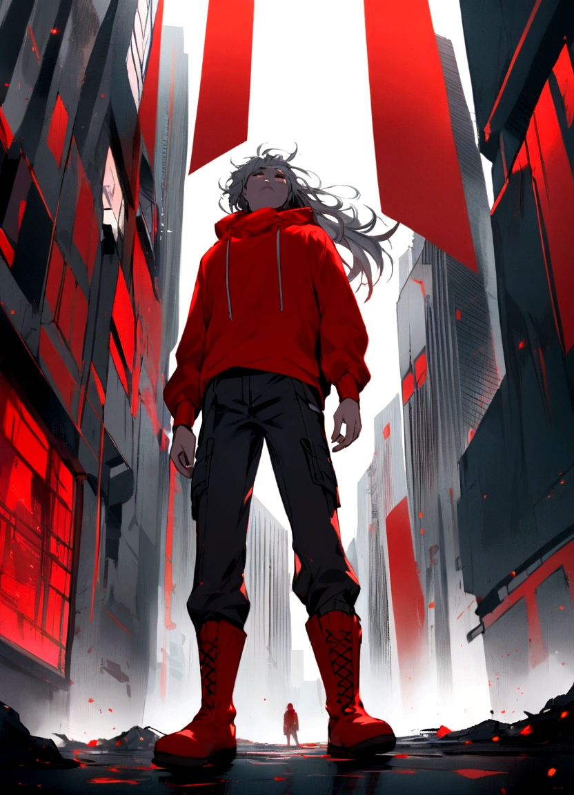 A digital artwork featuring a boy in a red hoodie and red boots standing in an urban environment. The scene is viewed from a low angle, looking up at the boy and the tall, grey buildings surrounding him. The buildings have a futuristic, dystopian aesthetic with scattered red signs and accents. The color palette is predominantly grey and red, creating a striking contrast. The boy's expression is calm and confident, with his hair flowing slightly in the wind. The overall atmosphere is urban and edgy, with a sense of depth and perspective emphasized by the tall buildings."