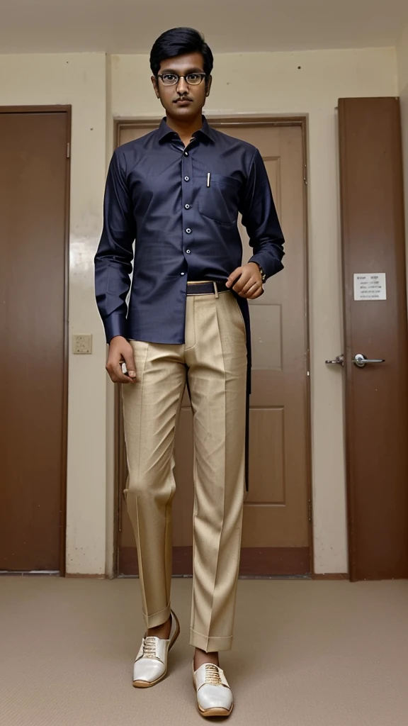 Tall fair indian college boy wearing formal shirt pant ,formal shoes,wearing specs.