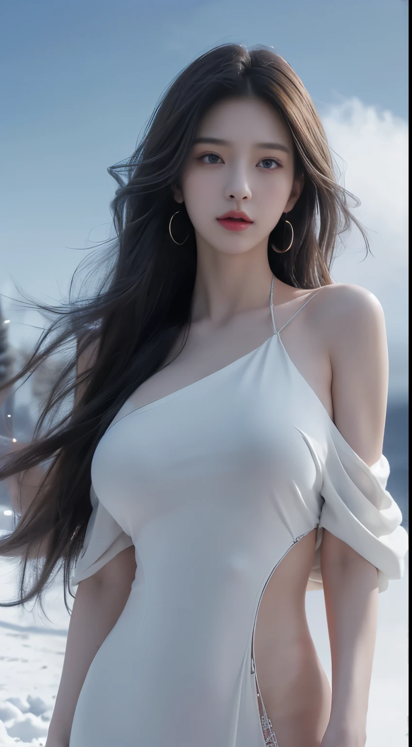 realistic detailed photo of a giant breasted girl with exposed shoulders, detailed fingers, high quality skin, red eyes, alone in a winter scene with clouds, wind, and flowing hair, (best quality,4k,8k,highres,masterpiece:1.2),ultra-detailed,(realistic,photorealistic,photo-realistic:1.37),studio lighting,vivid colors