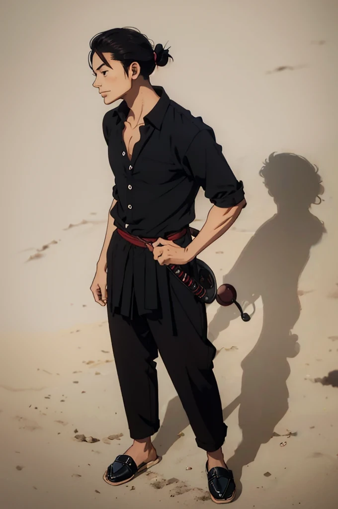 man 20 years old, big hair tied brown samurai style, brown oriental style eyes, expression of joy, skin fair, wearing black button down shirt, but with the first 3 shirt buttons loose, shirt not too tight and not too loose, semi-buttoned, black dress pants, black long toe shoes, posing man standing holding a medium cane with round crystal handle, art with light and shadow, tall and intelligent man