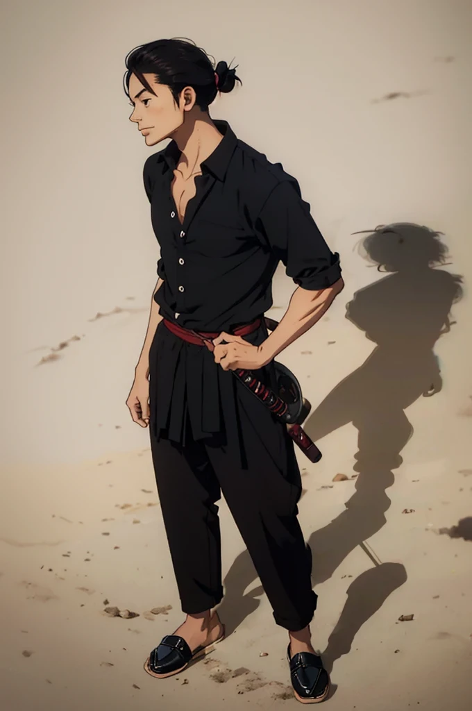 man 20 years old, big hair tied brown samurai style, brown oriental style eyes, expression of joy, skin fair, wearing black button down shirt, but with the first 3 shirt buttons loose, shirt not too tight and not too loose, semi-buttoned, black dress pants, black long toe shoes, posing man standing holding a medium cane with round crystal handle, art with light and shadow, tall and intelligent man