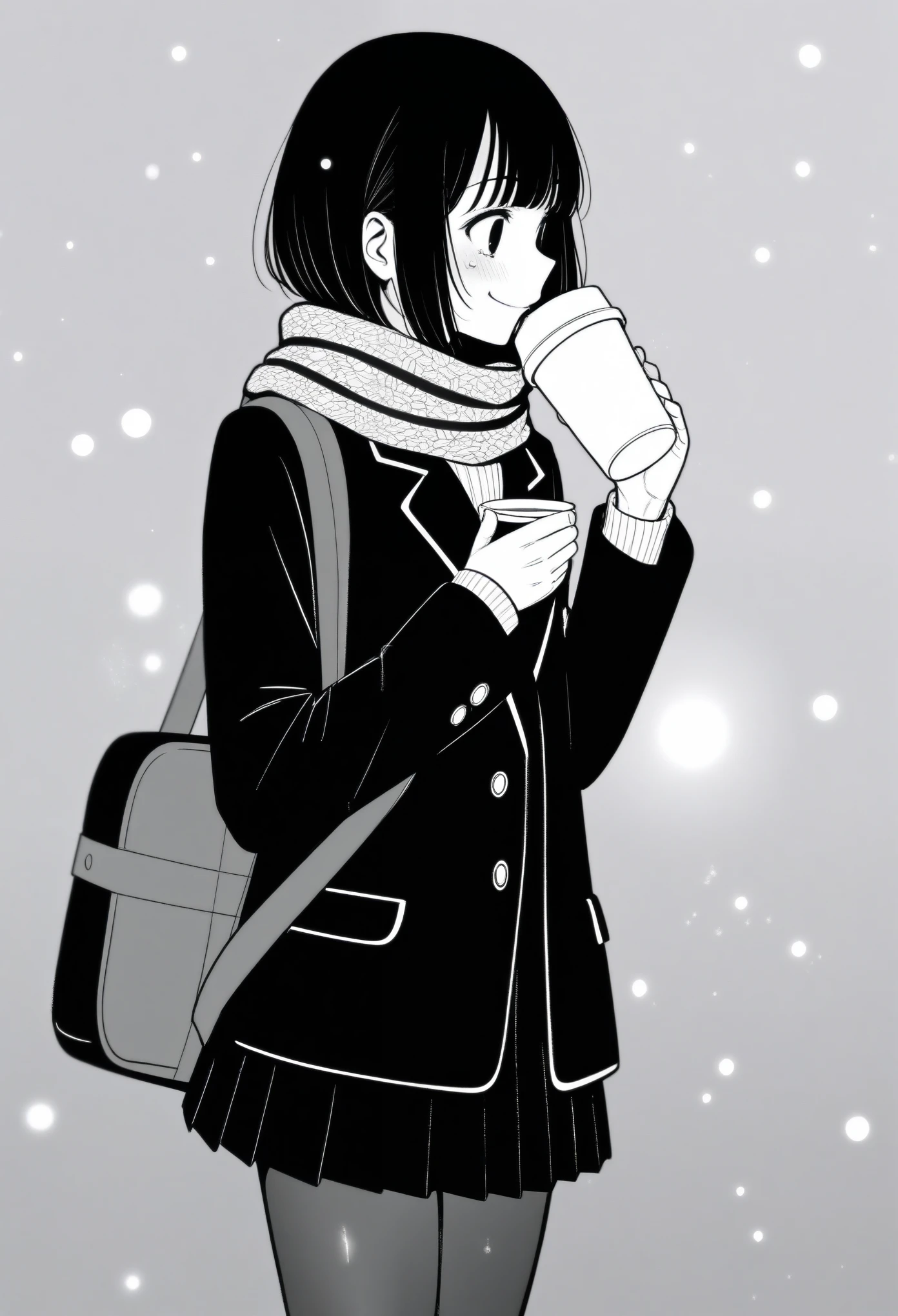 masterpiece, best quality, 1girl, mamerakkkkko, grayscale, manga style, japanese, chi no wadachi, black eyes, street, iced, black hair, schoolbag, smile, lineart, black coat, black scarf, black pleated skirt, leggins, centered, 18 years old, tall, fair skinned, bokeh background, crying, tears, tears streaming, bob cut, light particles, centered, snowing, (((drinking coffee, perfect hand, detailed hand:1.1)), emotional anime scene
