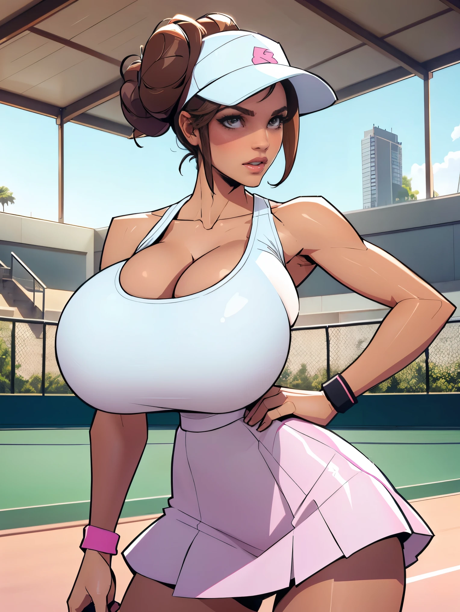 Extremely busty thin and toned brunette tennis player, fair skin, loose updo, soft face, athletic, white tank top, pink skirt, white tennis hat. detailed background, tennis court.