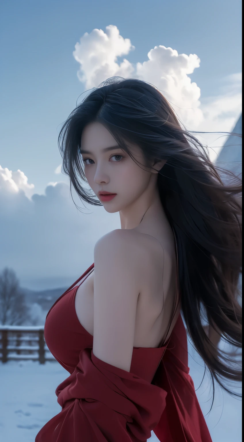 realistic detailed photo of a giant breasted girl with exposed shoulders, detailed fingers, high quality skin, red eyes, alone in a winter scene with clouds, wind, and flowing hair, (best quality,4k,8k,highres,masterpiece:1.2),ultra-detailed,(realistic,photorealistic,photo-realistic:1.37),studio lighting,vivid colors