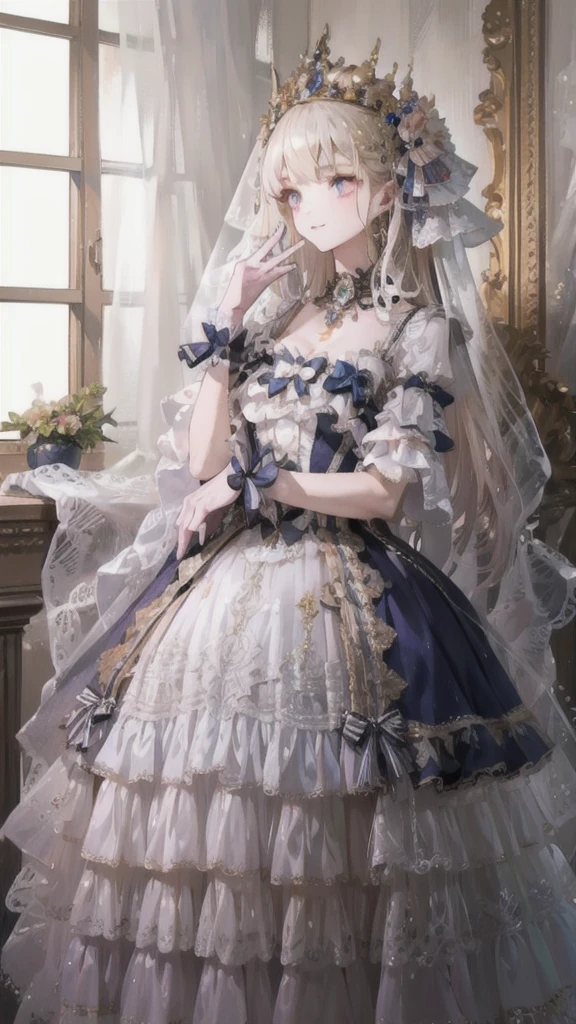 (best quality),(Masterpiece),dynamic angle,(extreme detailed illustration),(extremely detailed CG unity 8k wallpaper),amazing,Depth of field,(highly detailed),((an extremely delicate and beautiful)),((1girl)),((extremely detailed eyes and face)),luminedef,solo, bangs, looking at viewer, light smile, detailed background, standing, indoors, luxury decorations, window, piano,dramatic lighting, 
