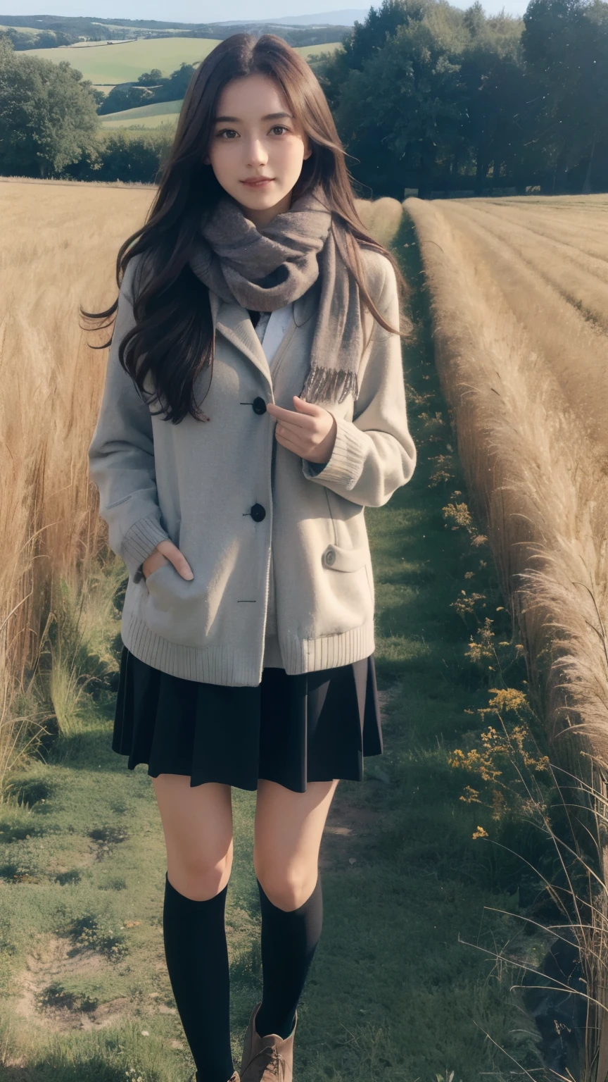 8K, Highest quality, masterpiece, Realistic, Super detailed, photo Realistic, Improvement of quality, Full Body, Lookat Viewer,
Photo of a girl standing in a field wearing a scarf, The designer's dark and gloomy style, Large chunk, Photobash, Calm face, Jagged Edges, navy, Natural Beauty, Close-up shot