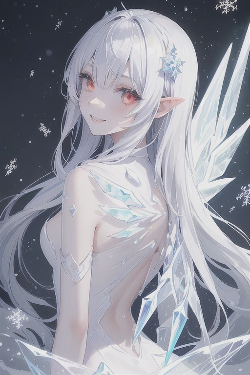[Appearance]　(monster girl make of ice sharps)++, cute,(one monster girl)+++, (skin made of ice)+++, (body made of ice)++,(translucent skin)++, (beautiful silver hair), long hair,red glowing eyes,(red eyeliner)+,(Beautiful face), beautiful eyes, beautiful lips, (a snowstorm shining white from the mouth)+,(Beautiful  transparent ice wings)+,smaile,He is smiling with a mischievous expression, with small double teeth visible in his mouth,subtle details,prismatic effect
[Location] ((Snow forest)),
[Situation] ((Beautiful snowflakes falling))+++, night, full moon, moonlight, (light reflections),(a world of shining silver),crystal [Angle](((( 
over my back)))),((Clarity))、high resolution,clear skin,Transparent illustration,soft lighting,Emphasis on light and space