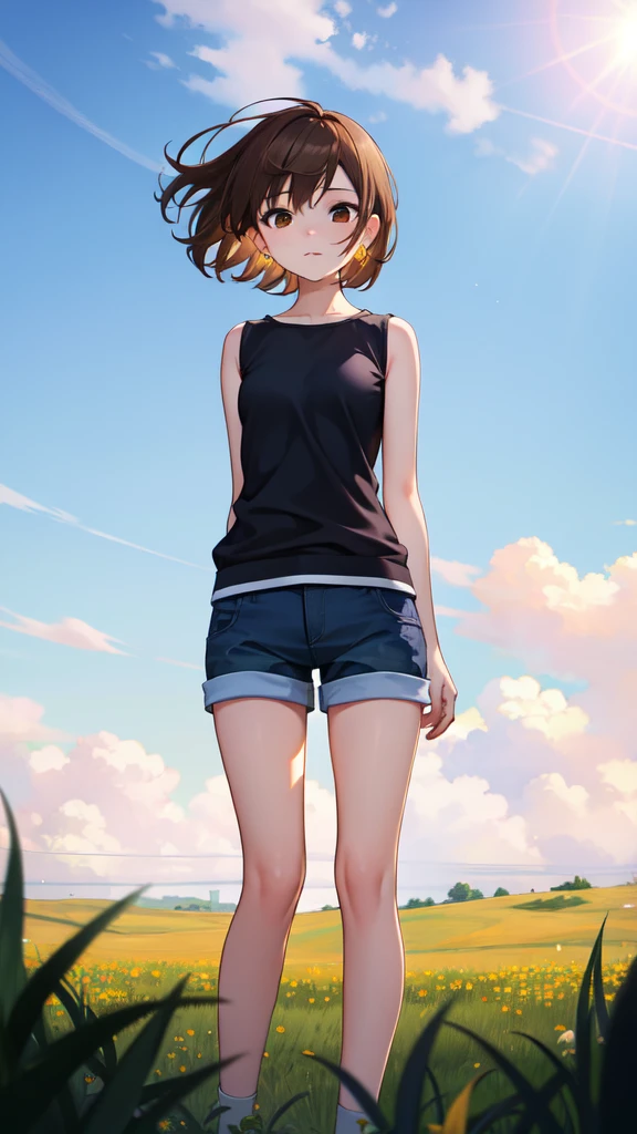 photorealisitic,realisitic, standing alone, photorealisitic, best qualityer, ultra high resolution, 1 girl, Brown eyes, (Short brown hair), (Short brown hair cacheado), black jersey, shorts curto, gold hoop earrings breeze blowing through the grass,1 girl,, comely, work of art, best qualityer, extreme detailed face, perfect lighting, 1 girl, standing alone,, , best qualityer, ultra high resolution, photorealisitic,, ultra detaild,, work of art, best qualityer, , Nancy1,