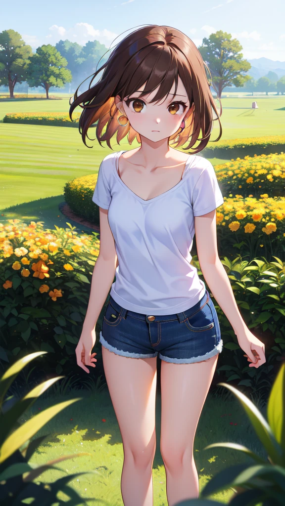 photorealisitic,realisitic, standing alone, photorealisitic, best qualityer, ultra high resolution, 1 girl, Brown eyes, (Short brown hair), (Short brown hair cacheado), black jersey, shorts curto, gold hoop earrings breeze blowing through the grass,1 girl,, comely, work of art, best qualityer, extreme detailed face, perfect lighting, 1 girl, standing alone,, , best qualityer, ultra high resolution, photorealisitic,, ultra detaild,, work of art, best qualityer, , Nancy1,
