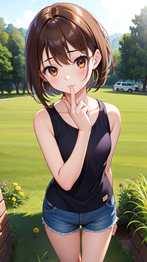 photorealisitic,realisitic, standing alone, photorealisitic, best qualityer, ultra high resolution, 1 girl, Brown eyes, (Short brown hair), (Short brown hair cacheado), black jersey, shorts curto, gold hoop earrings breeze blowing through the grass,1 girl,, comely, work of art, best qualityer, extreme detailed face, perfect lighting, 1 girl, standing alone,, , best qualityer, ultra high resolution, photorealisitic,, ultra detaild,, work of art, best qualityer, , Nancy1, 