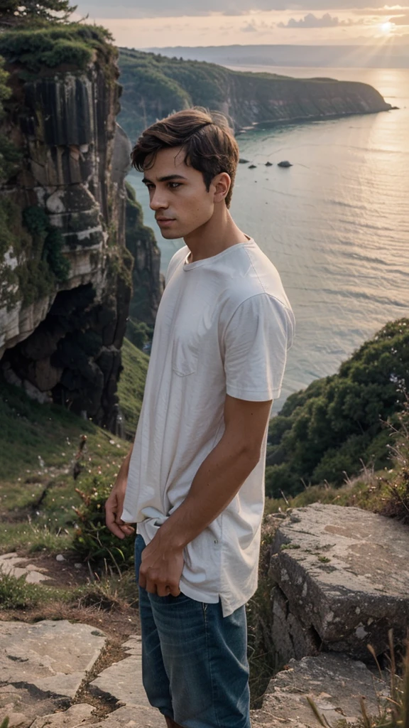 
A scene in a simple and natural setting, where a casually dressed young man stands on the edge of a high cliff, overlooking a beautiful sunset on the horizon. His facial expression reflects simplicity and introspection, with a sincere gaze and calm thoughts. Surrounding it, majestic natural views reinforce the theme of simplicity and peace. This scene tries to depict a person's personal journey in abandoning arrogant habits, by focusing on natural beauty and deep thoughts.