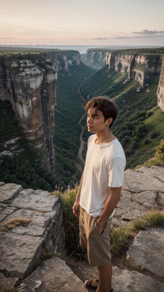 
A scene in a simple and natural setting, where a casually dressed young man stands on the edge of a high cliff, overlooking a beautiful sunset on the horizon. His facial expression reflects simplicity and introspection, with a sincere gaze and calm thoughts. Surrounding it, majestic natural views reinforce the theme of simplicity and peace. This scene tries to depict a person's personal journey in abandoning arrogant habits, by focusing on natural beauty and deep thoughts.