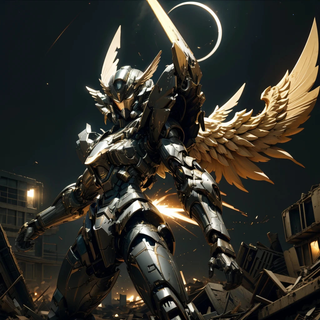 female mecha wings of angel, in black armor, in a destroyed city, the night, with an eclipse in the background
