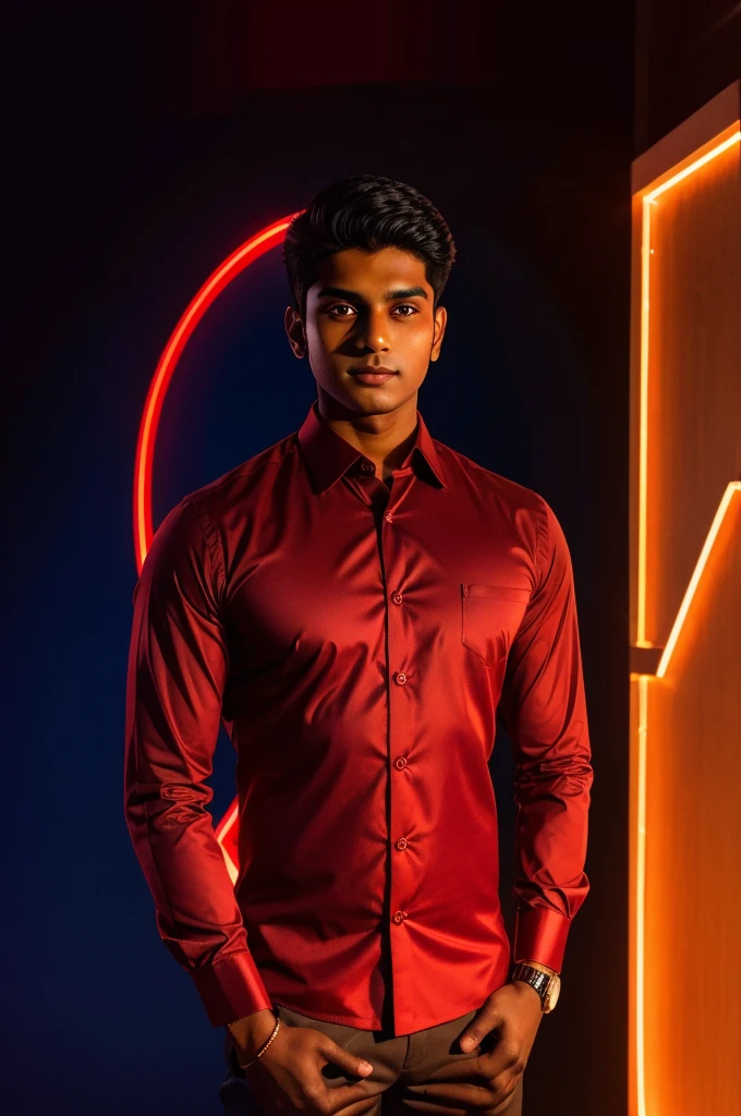 21 year old indian boy With fair skin and narrow body Posing for a linkedin picture in formals a formal picture ( just upper body with a red light background)