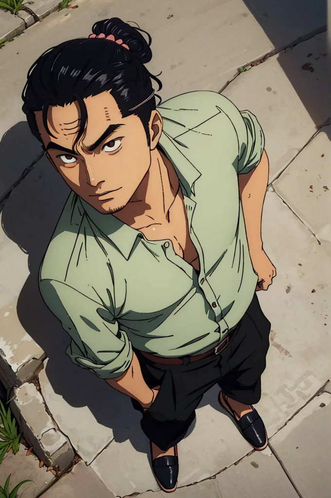 man 20 years old, big hair tied brown samurai style, brown oriental style eyes, expression of joy, skin fair, wearing black button down shirt, but with the first 3 shirt buttons loose, shirt not too tight and not too loose, semi-buttoned, black dress pants, black long toe shoes, posing man standing holding a medium cane with round crystal handle, art with light and shadow, tall and intelligent man