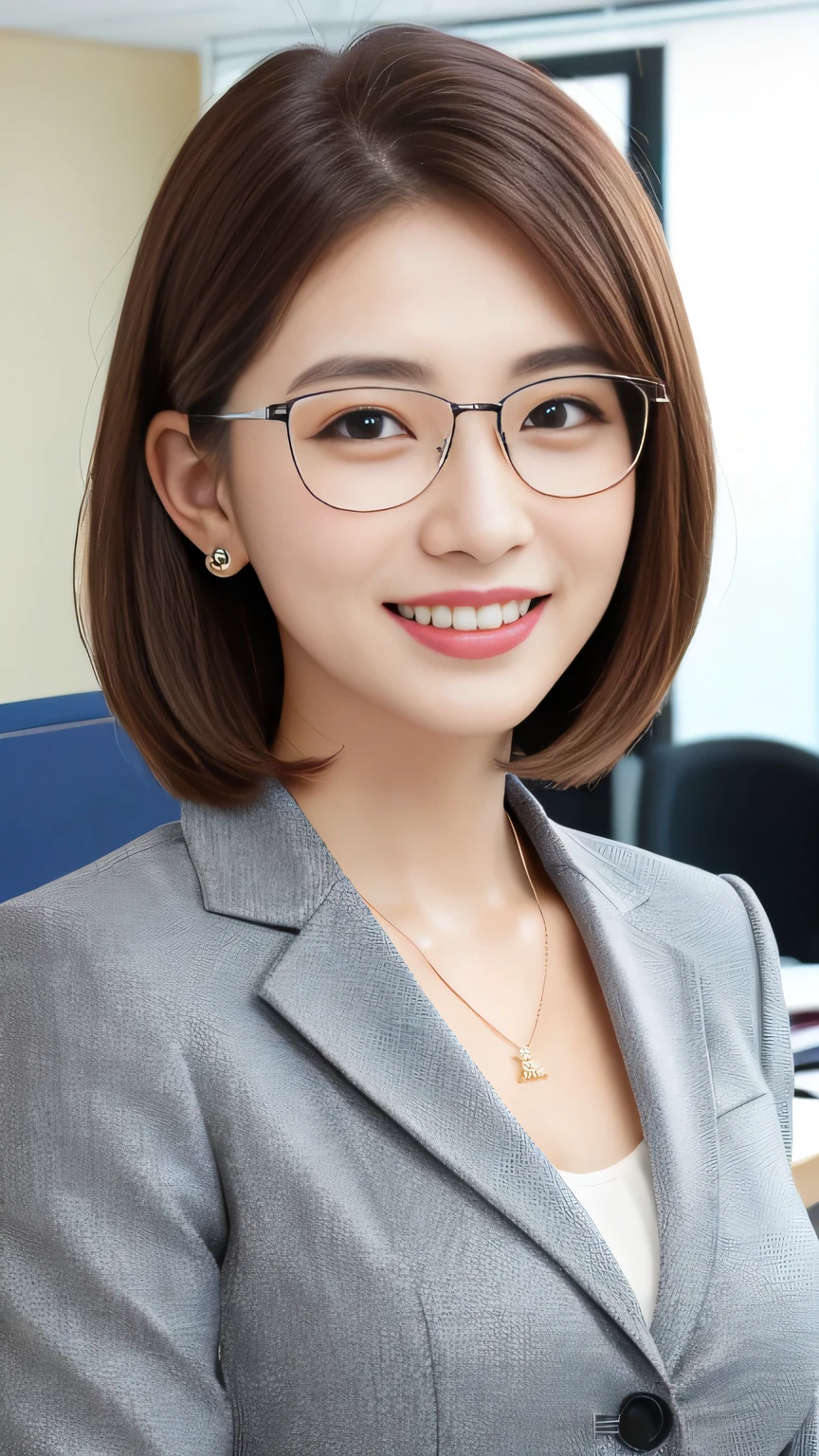 Highest quality:1.2), RAW Photos, High resolution, Very detailed, Intricate details, short hair、ear piercing、smile、Emphasis on teeth、Glasses、Light brown hair、 (Front view, ), Clear beauty, Standing in office room, Upper Body, (High quality fabric, Office Lady Suit Fine Grain, Necklace around the neck、 face, indoor,