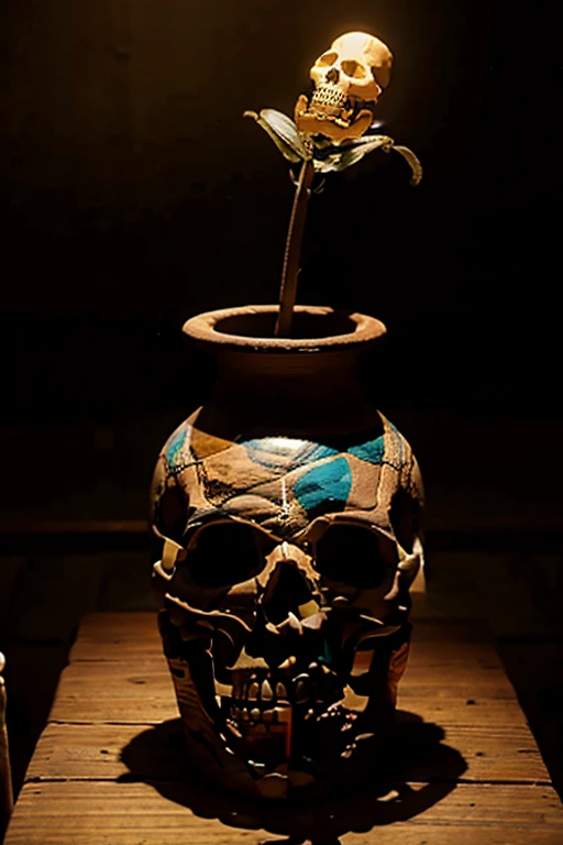 ((Best Quality)), ((Masterpiece)), (detailed) A GUARANI CLAY VASE WITH THINGS FROM THE DAY OF THE DEAD AND SKELETONS