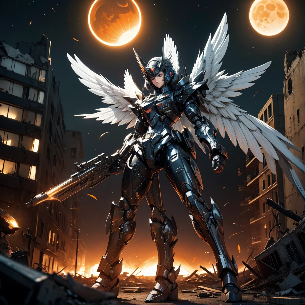 female mecha wings of angel, in black armor, in a destroyed city, the night, with an eclipse in the background