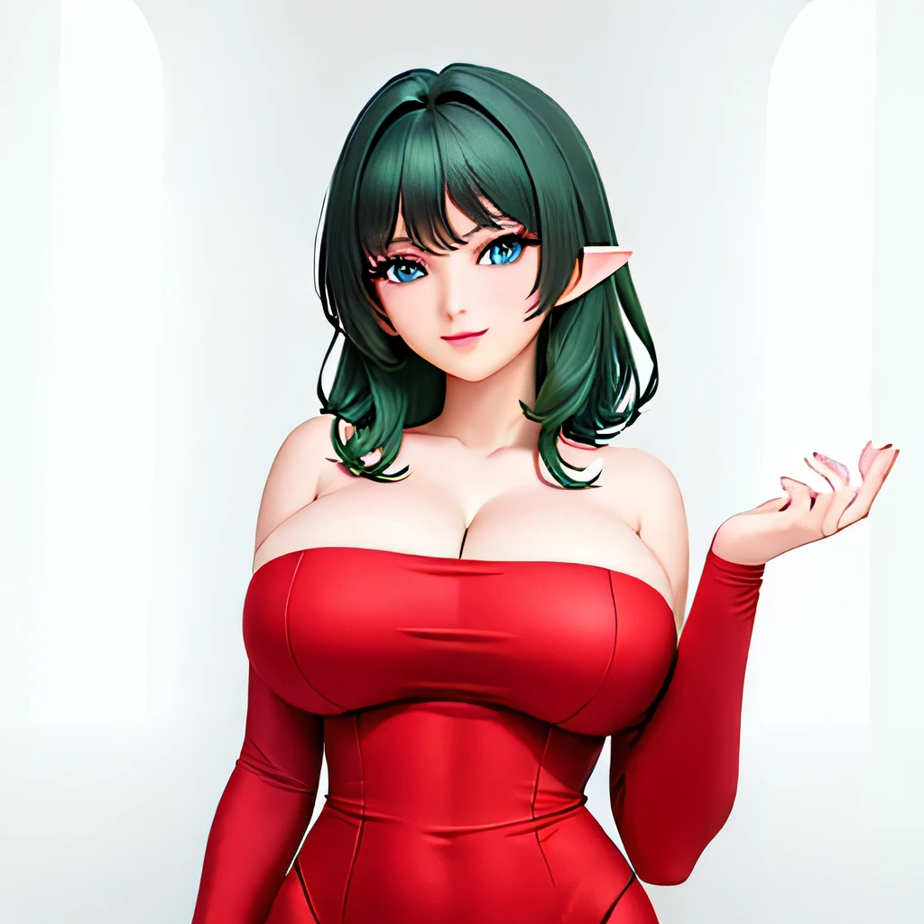 ((masterpiece,best quality,ultra-delicate,Perfect Face,16k,high resolution,very beautiful girl)),Medium short green hair:1.2, Red strapless bodycon tube dress ,Red long arm sleeves,outstretching arms,Elf Girl,((gigantic Breasts:1.2)),blue eyes,Beautiful smile,20 years old,bedroom