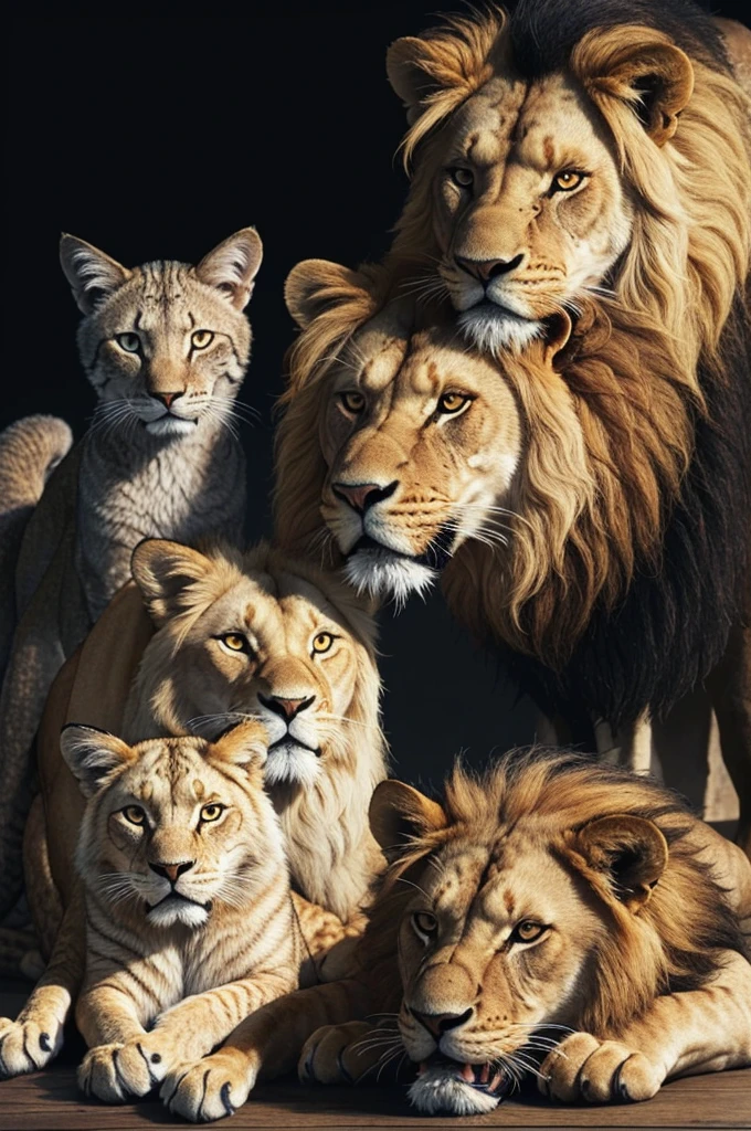 A wallpaper with a snake, a wolf, a cat and a lion