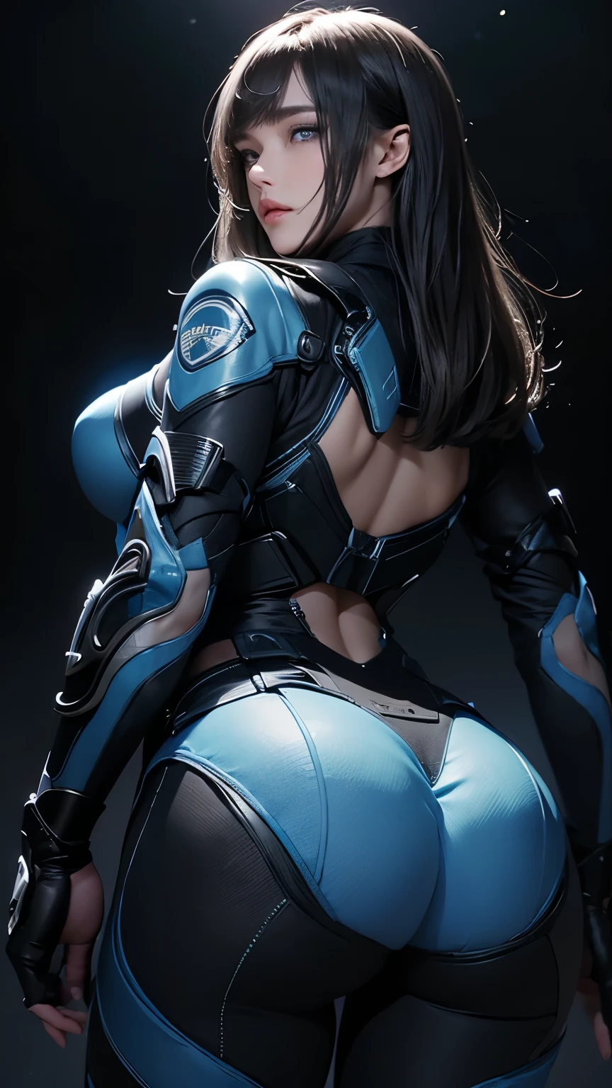 masterpiece, Highest quality, Very detailed, To the camera, 複雑に詳細なVery detailed, Realistic, Sharp features, Very detailed, Sharp focus, Perfect Face, Perfect Face, Perfect symmetry and perfect eyes, Perfect Plump Lips, Flexible female form, Cinematic, Film Light, Very detailed, hyper Realistic, masterpiece, Atmospheric, High resolution, Vibrant, Dynamic Studio Lighting, ((Dark Background)), The expression when enduring pleasure, Straight bangs, blue eyes,、Back view、Butt、Sexually aroused expressions、Fallout Vault Suit,