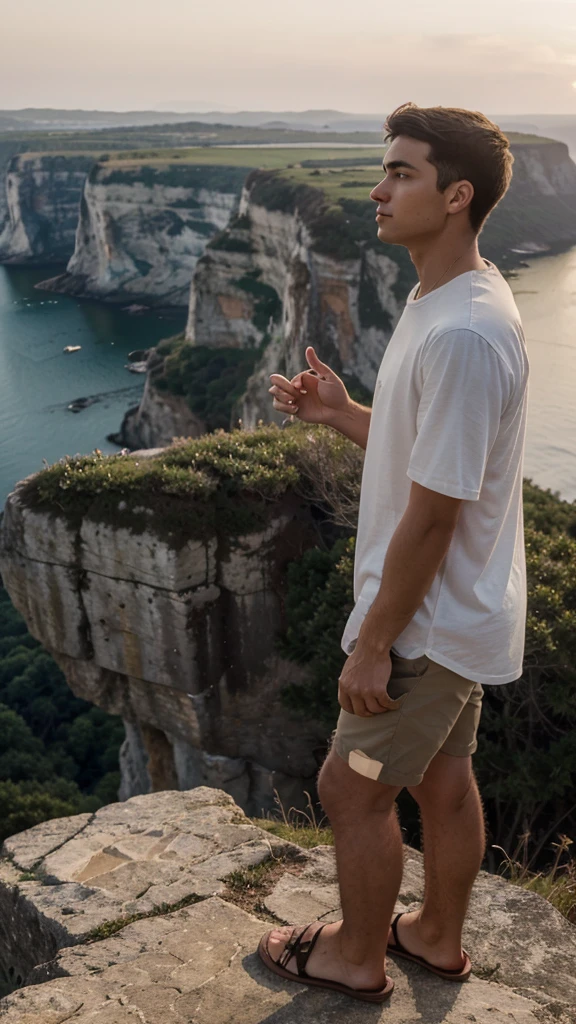 A scene in a simple and natural setting, where a casually dressed young man stands on the edge of a high cliff, overlooking a beautiful sunset on the horizon. His facial expression reflects simplicity and introspection, with a sincere gaze and calm thoughts. Surrounding it, majestic natural views reinforce the theme of simplicity and peace. This scene tries to depict a person's personal journey in abandoning arrogant habits, by focusing on natural beauty and deep thoughts.