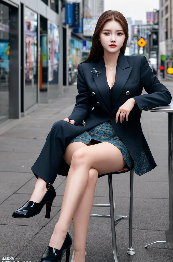 a 22 year old face of the most beautiful actress in the world, the perfect body proportions of a female, blazer is worn on formal shirt, naked crotch of a female between opened legs are seen thanks to skirt is too short, the genitalia of female lower body are seen thanks to legs are opened, sitting on a chair of the city, best quality, highly detailed, masterpiece, ultra high res, photo realistic, 8k