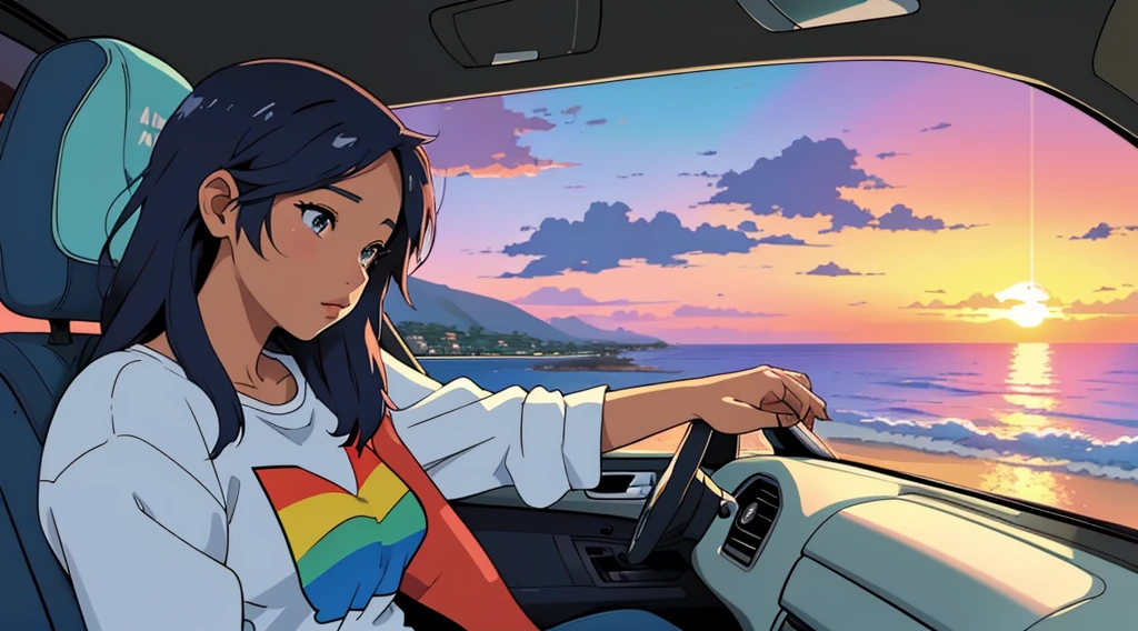 masterpiece, Highest quality, Rainbow Style, アニメ, Beautiful Asian Girl, Sitting in a car, Along the Hawaiian Coast, Cute and dreamy,アニメ,Illustrator,LOFI Girl, Blues,landscape,Sunset