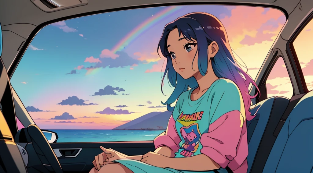 masterpiece, Highest quality, Rainbow Style, anime, Beautiful Asian Girl, tattoo, Sitting in a car, Along the Hawaiian Coast, Cute and dreamy,anime,Illustrator,LOFI Girl, ブルース,