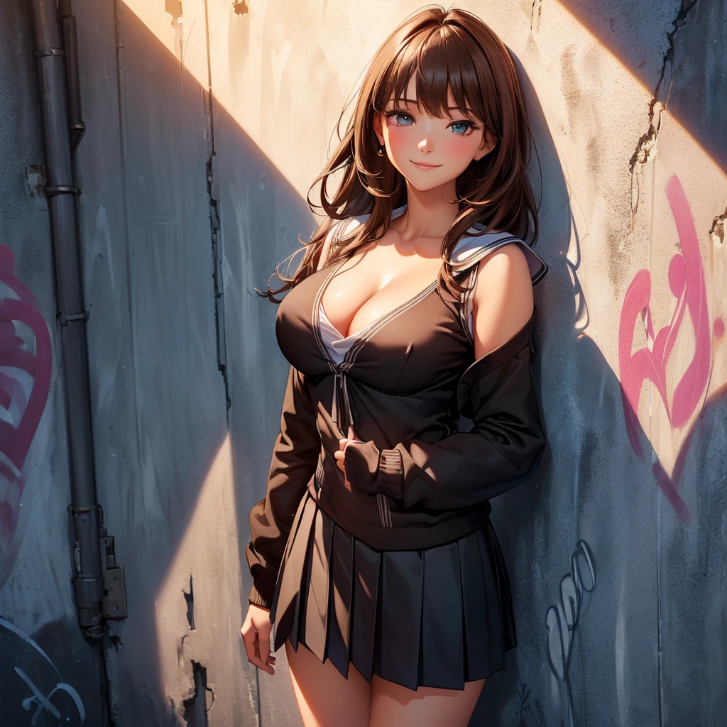 masterpiece, top-quality, the Extremely Detailed CG Unity 8K Wallpapers, Ultra-realistic 8kCG, erfect artwork, The perfect female figure, Dramatic shadows, (spot light, Perfect litthing, Detailed light, (((1girl in))), ((Sharp face)), ((Brown hair, waved hair)), (((sexypose))), Model body type, Navel is visible, large full breasts, ((cute face)), (gently smiling: 1.2), (asymmetrical bangs, beautiful eyelashes), Beautiful face, (beautiful chest line:1.2), (cleavage), beautiful a girl, Exquisite facial features depicting the perfect face, Cold, Naturally beautiful, Sweating, slenderbody, Light and beautiful thigh expression, hi-school girl, high-school uniform, a sailor suit, pleatedskirt, Loose Socks, In front of a wall full of graffiti, Night, (((Leaning on the wall, is standing))), awardwinning photo, detaile, realistic light and shadow, 8K resolution, Professional Lighting, (glistning skin:0.9), perfect hand,