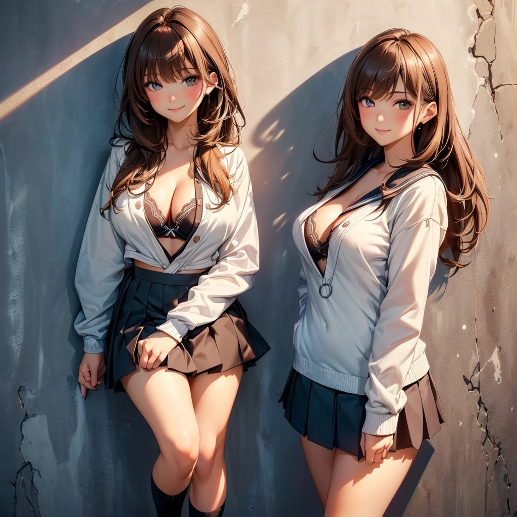 masterpiece, top-quality, the Extremely Detailed CG Unity 8K Wallpapers, Ultra-realistic 8kCG, erfect artwork, The perfect female figure, Dramatic shadows, (spot light, Perfect litthing, Detailed light, (((1girl in))), ((Sharp face)), ((Brown hair, waved hair)), (((sexypose))), Model body type, Navel is visible, large full breasts, ((cute face)), (gently smiling: 1.2), (asymmetrical bangs, beautiful eyelashes), Beautiful face, (beautiful chest line:1.2), (cleavage), beautiful a girl, Exquisite facial features depicting the perfect face, Cold, Naturally beautiful, Sweating, slenderbody, Light and beautiful thigh expression, hi-school girl, high-school uniform, a sailor suit, pleatedskirt, Loose Socks, In front of a wall full of graffiti, Night, (((Leaning on the wall, is standing))), awardwinning photo, detaile, realistic light and shadow, 8K resolution, Professional Lighting, (glistning skin:0.9), perfect hand,