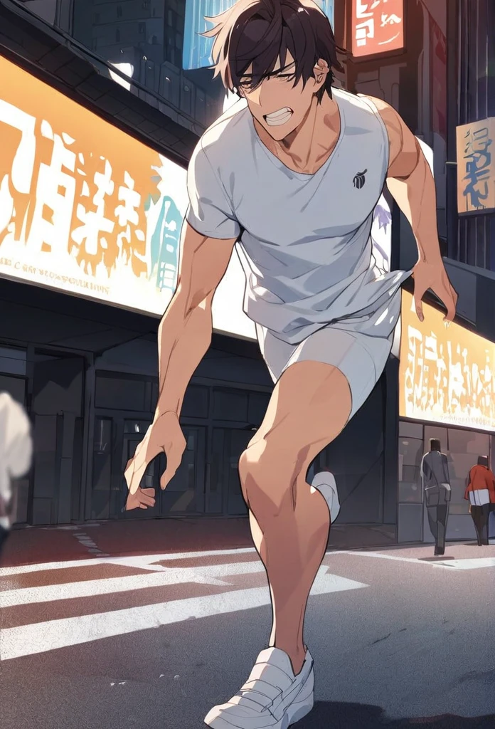 A handsome man, his face red with embarrassment, is made to run through the city in just his white briefs.