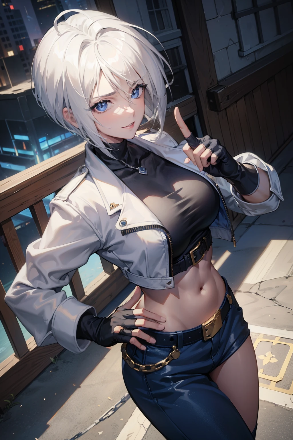 (masterpiece), best quality, expressive eyes, perfect face, highres, 1girl, solo, angelms, white hair, jacket, ahoge, fingerless gloves, midriff, dangerous pose, parkour, mean smiling, fanstasy background, particles, magic, standing,cowboy shot, looking at the viewer, from front, chains adornment, 

