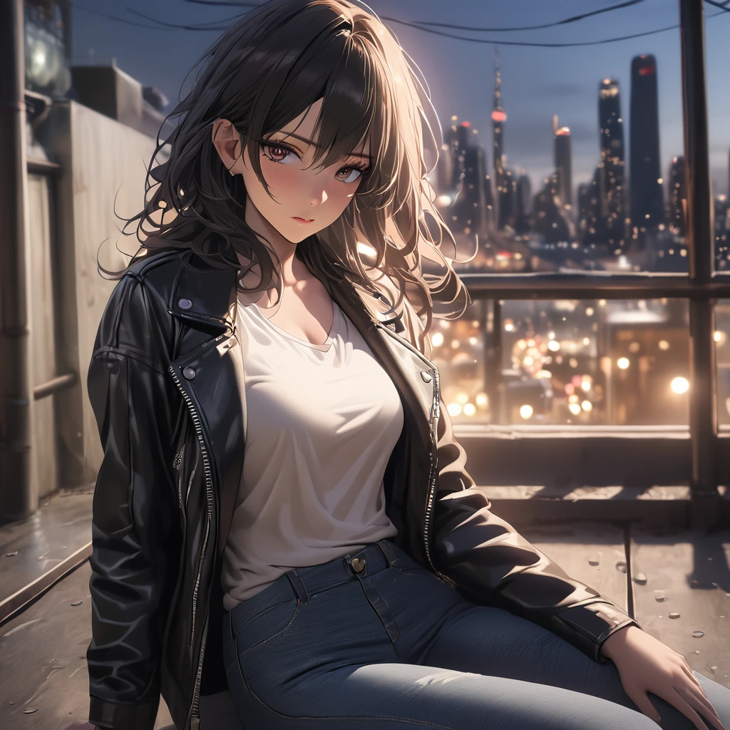 high-definition images, atmospheric perspective, 8k, super detail, accurate, best quality, (various composition), a woman, (winter clothes, jacket, skirt), (shy), looking away, (drooping eyes), (sleepy), earrings, spread her legs slightly, crouching, (pantyhose), (dark hour of down), boots, downtown area, (((long-skirt lining between her legs))), 