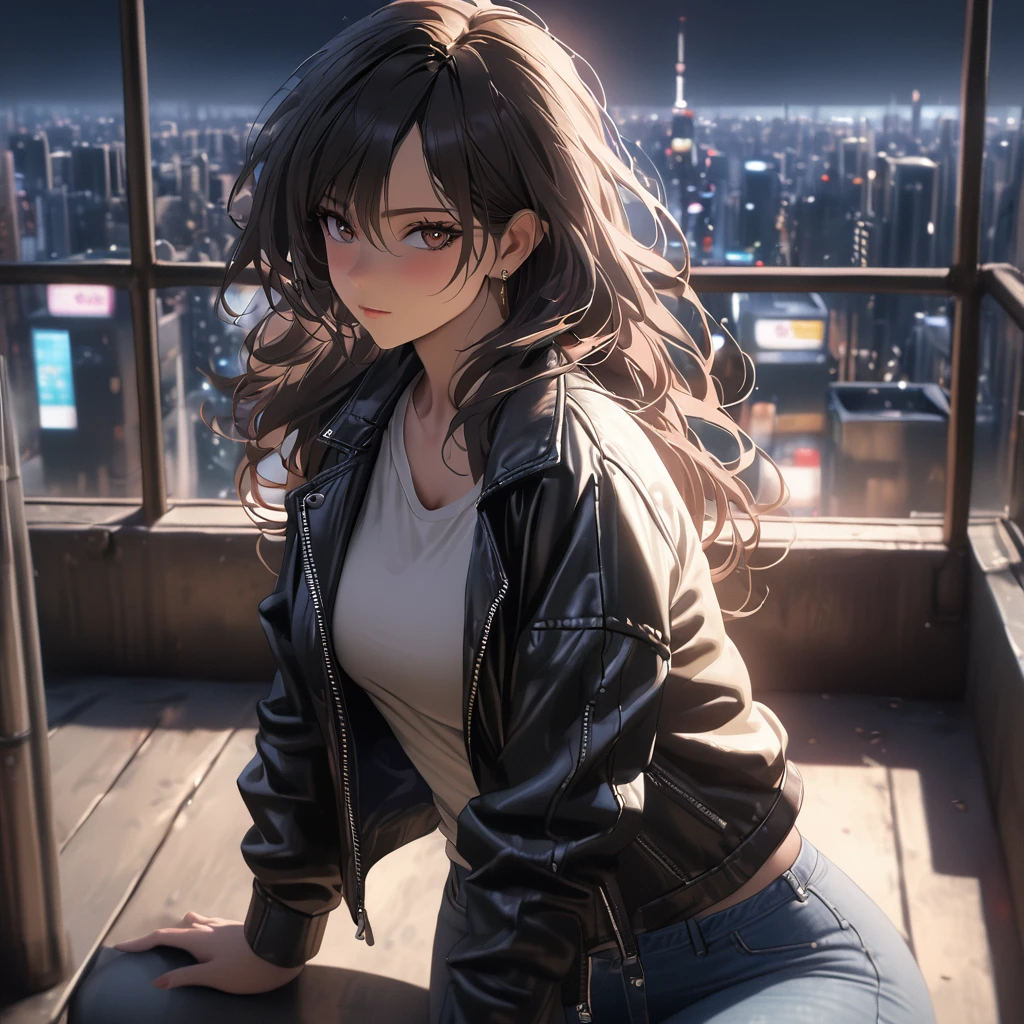 (best quality, 8k, masterpiece, highres, ultra-detailed), photorealistic, Tsukasa Hojo style, woman, black leather jacket, white T-shirt, tight denim jeans, long black hair, slightly messy hair, city skyline, rooftop, night, moody lighting, melancholic expression, detailed eyes, subtle shadows, realistic skin, minimalistic background, soft focus, film grain, no exaggerated features.