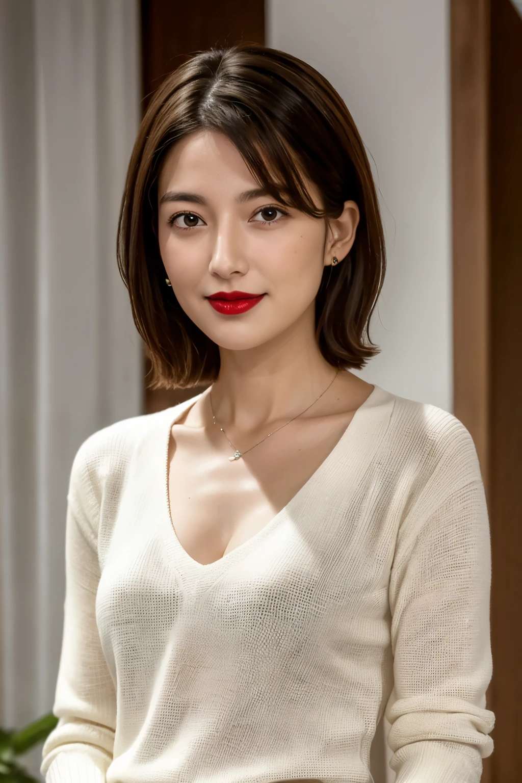 Tabletop, Highest quality, Realistic, Very detailed, finely, High resolution, 8k wallpaper, RAW Photos, Professional, High level of detail, 1 Girl, (((Black and white photography))), (((Red lips))), ((Looking into the camera)), (look forward to), Upper Body, short hair, Bob Hair, (Straight hair), Shapely breasts, Cleavage, Light-colored V-neck light knit sweater