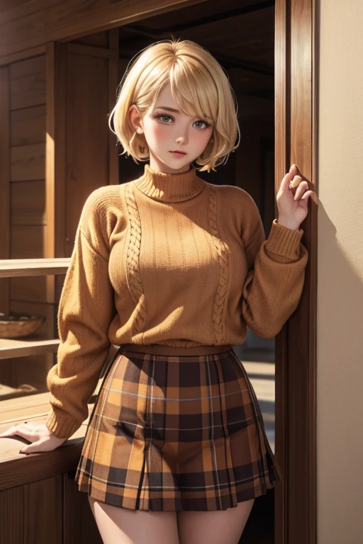 20 year old woman short blonde hair tender face blushing orange woolen sweater short plaid skirt 