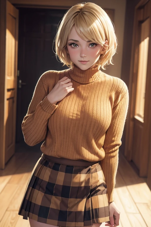 20 year old woman short blonde hair tender face blushing orange woolen sweater short plaid skirt 