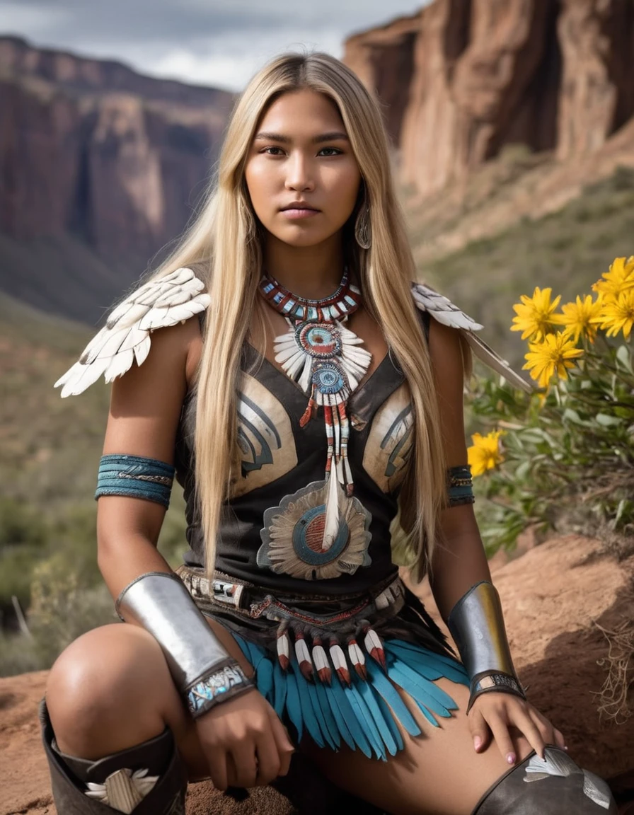 (close shot, zoomed in face portrait:1.3) (native american myth style:1.5) photo of a smirking, (closed mouth:1.5) shy young 18 year old (Navajo:1.3) woman with long flowing natural blonde hair, dark grey eyes, (giant breasts:1.3), muscular ass, (perfect hands:1.3). She is wearing (druid armor and boots:1.1). She is squatting facing towards camera, in a (dark fantasy:1.3) trail with cliffs and flowers, noon, clear. detailed skin texture, detailed cloth texture, detailed face, (intricate sharp details:1.5), ultra high res