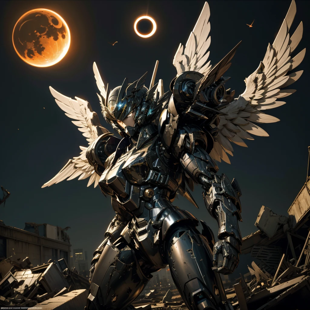 female mecha wings of angel, in black armor, in a destroyed city, the night, with an eclipse in the background