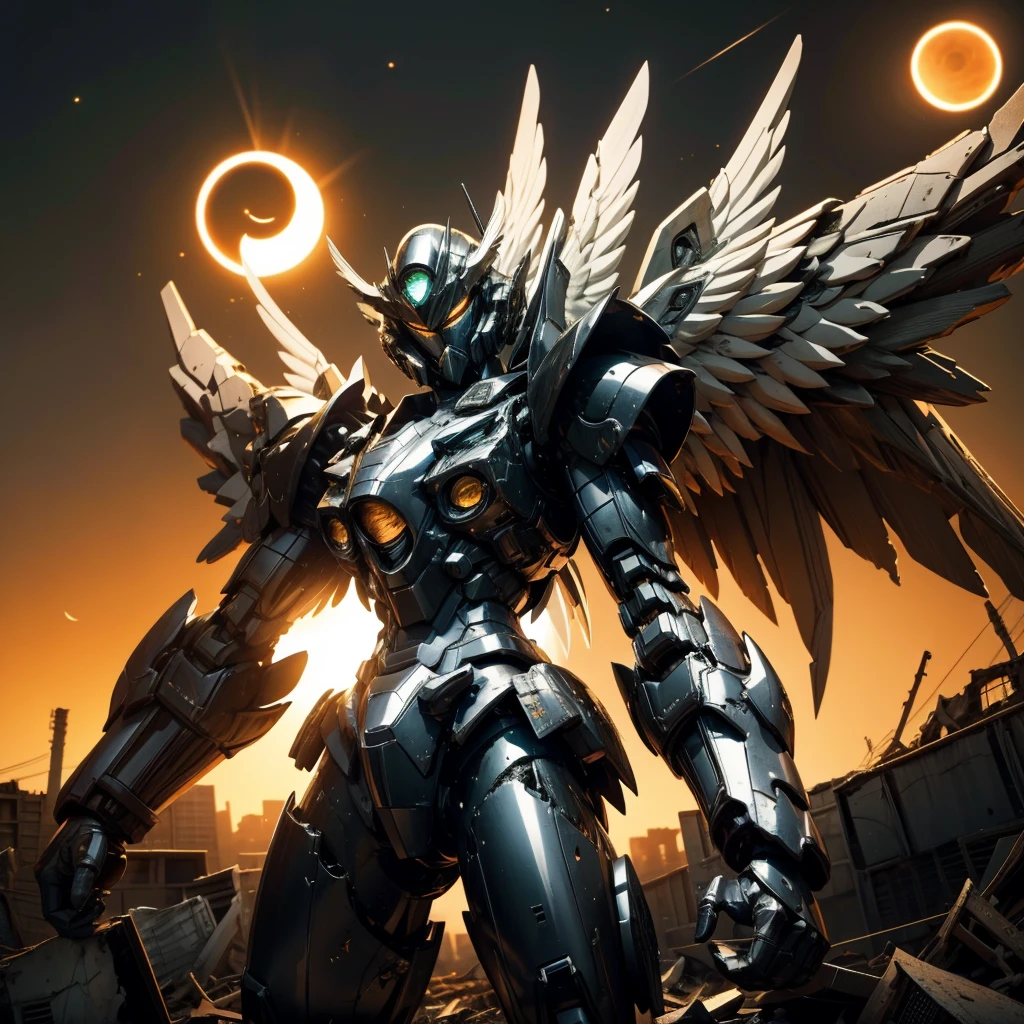 female mecha wings of angel, in black armor, in a destroyed city, the night, with an eclipse in the background