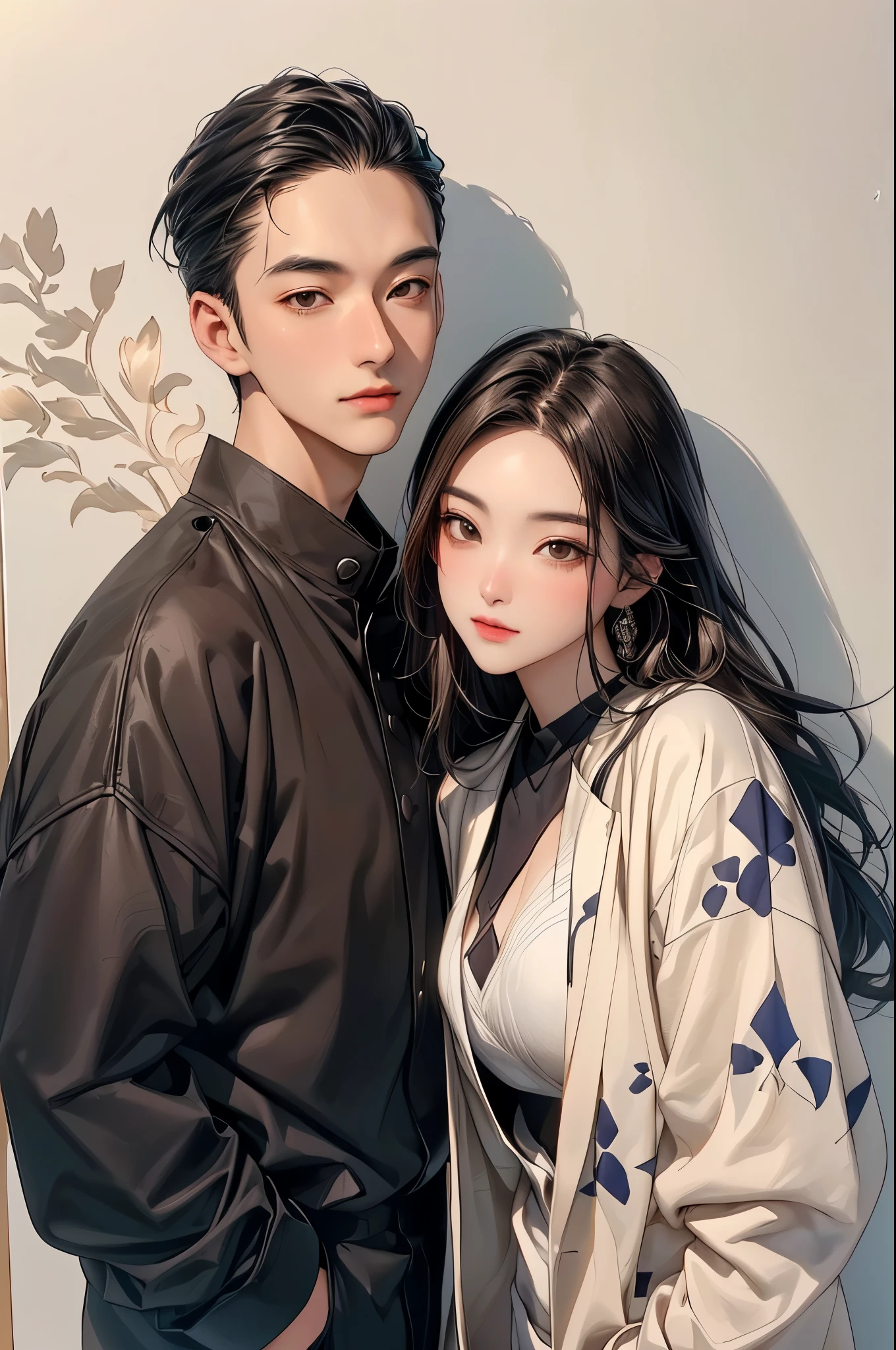 a man and woman posing for a photo in a brown coat, romantic lead, official fanart, photoshoot, february), lovely couple, promotional picture, sha xi, daoshi, official art, love interest, an epic love affair with doubt, backdrop, official photos, ruan jia and fenghua zhong, mixed art, official, korean artist, warm, promotional image