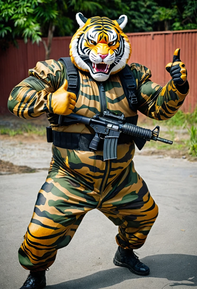 (a dark-skinned bearded fat muscular old man in a bulky army camouflage zipper diver suit) masturbating, thumbs up, carrying a gun, muscular, Bruce Onobrakpeya, sumatraism, stanley artgermm, action, heroic, fierce, smiling