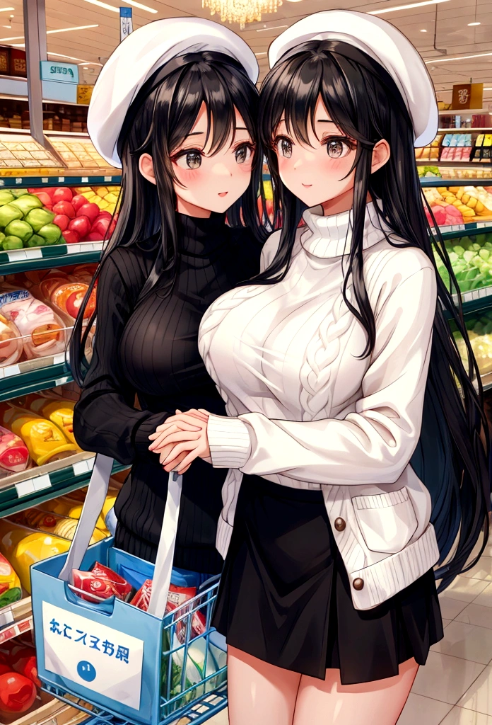Beauty mother-in-law shopping Supermarket Black Hair Straight long hair beret White knitted sweater Mother and daughter have beautiful breasts mini skirt clear