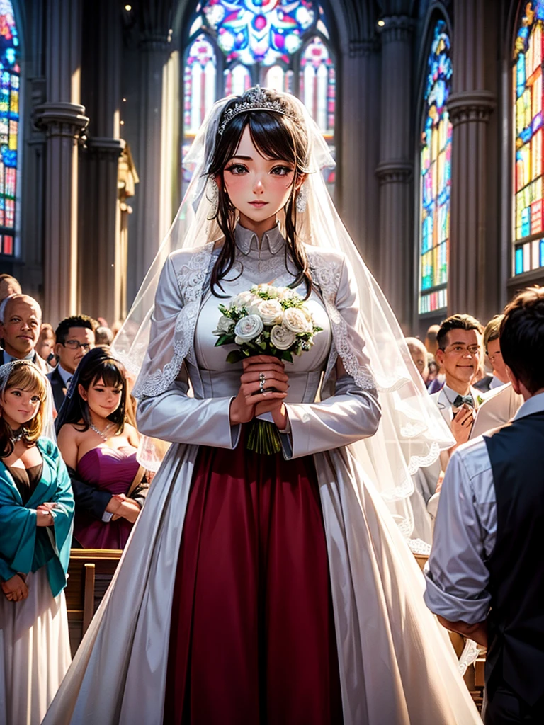8k,high quality,anime,Married women,Fair skin,Beautiful Mature Woman,Small face,clean,bright,Eye highlights,Beautiful line drawing. Black Hair, White skin, Brown eyes, Wedding dress, Sleeveless clothing, Raise your hand, Armpits are visible,Raise your arms, both Armpits are visible, Explained from head to waist,((Bare breasts:1.3))、((Nipples are visible:1.6))、Mole around the mouth、Shaggy Hair,((A married woman being groped by an old man:1.9)),((A bride surrounded by many men:1.9)),A very displeased face、((tears:1.5)),A woman having her breasts touched