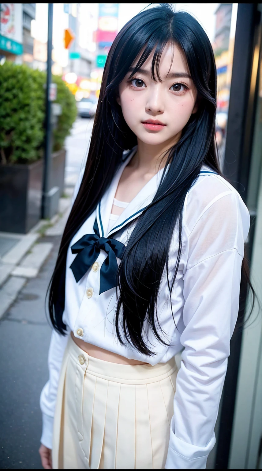 
instax, snapshot, Realistic, Photography, jpop girl group's girl, Japanese-idol-face girl, A girl with a face like a beautiful anime cosplayer, -yeld, kai, Japanese sailor , black hair, straight hair, Lomography, blue and white, cinematic shot, dynamic pose, dynamic angle, in the style of y2k aesthetic