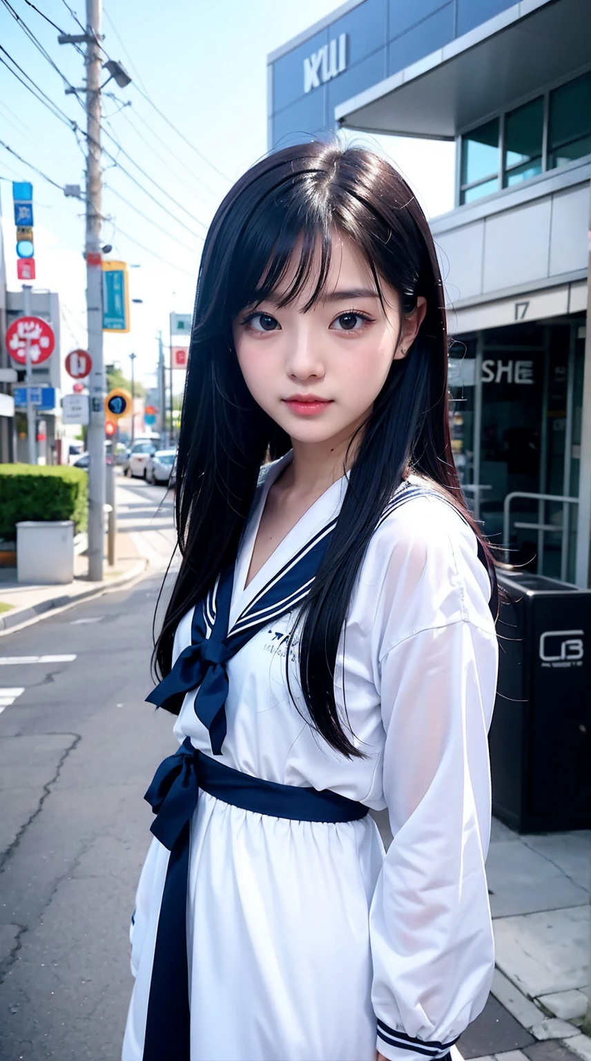 instax, snapshot, Realistic, Photography, jpop girl group's girl, Japanese-idol-face girl, A girl with a face like a beautiful anime cosplayer, 17-years-old, kawaii, Japanese sailor , black hair, straight hair, Lomography, blue and white, cinematic shot, dynamic pose, dynamic angle, in the style of y2k aesthetic