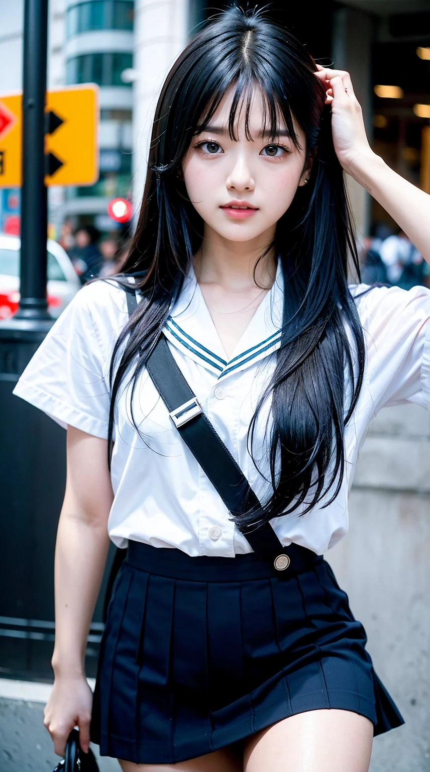 instax, snapshot, Realistic, Photography, jpop girl group's girl, Japanese-idol-face girl, A girl with a face like a beautiful anime cosplayer, 17-years-old, kawaii, Japanese sailor , black hair, straight hair, Lomography, blue and white, cinematic shot, dynamic pose, dynamic angle, in the style of y2k aesthetic