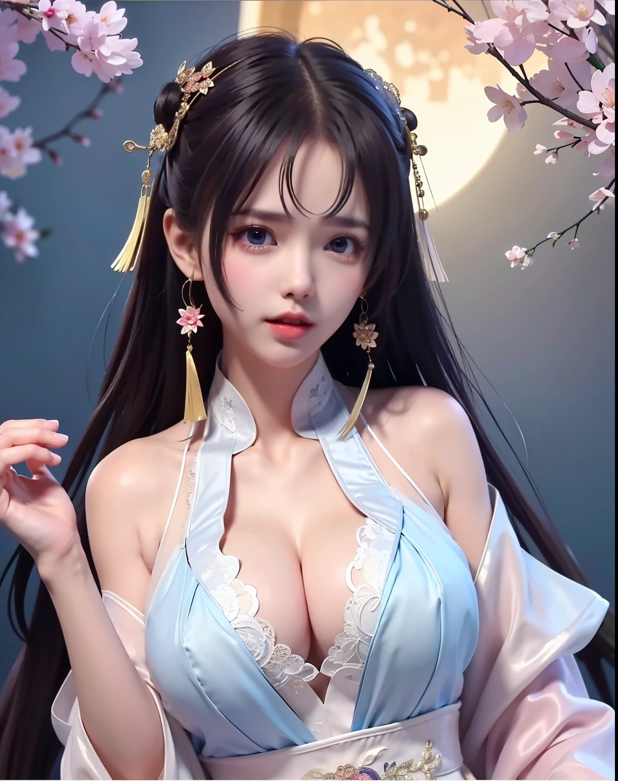 (8k, RAW photo:1.2), best quality, ultra high res,dramatic angle,(fluttered detailed color splashs), (illustration),(((1 girl))),(long hair),(rain:0.9), (Headdress:1.4),There is an ancient palace beside the girl,Hanfu,(Key Points),Color ink painting,(Splash of Color),Splash of Color,(((colorful))),(sketch:0.8) , Masterpiece, best quality, beautiful painted, highly detailed,(denoising:0.6),[splash ink],((ink refraction)), (beautiful detailed sky),moon,highly,detaild,(masterpiece, best quality, extremely detailed） CG Unity 8k Wallpaper，masterpiece，best quality，Ultra Detailed），（Lycoris）. hanfu open v   open V-chested clothes Thin silk lace dress , (huge ，cleavage),, white pink, blue ，best qualtiy，tmasterpiece，Ultra-high resolution，（Reality：1.4），RAW photogr，（True skin texture：1.3），（filmgrain：1.3），（Selfie angle），1个Giant ?????? Girl，Beautiful eye and face details，tmasterpiece，Best quality at best，，The ????? more exposed， detailed hair, bra pink , detail 8k, full body, lace petticoat, fan handle